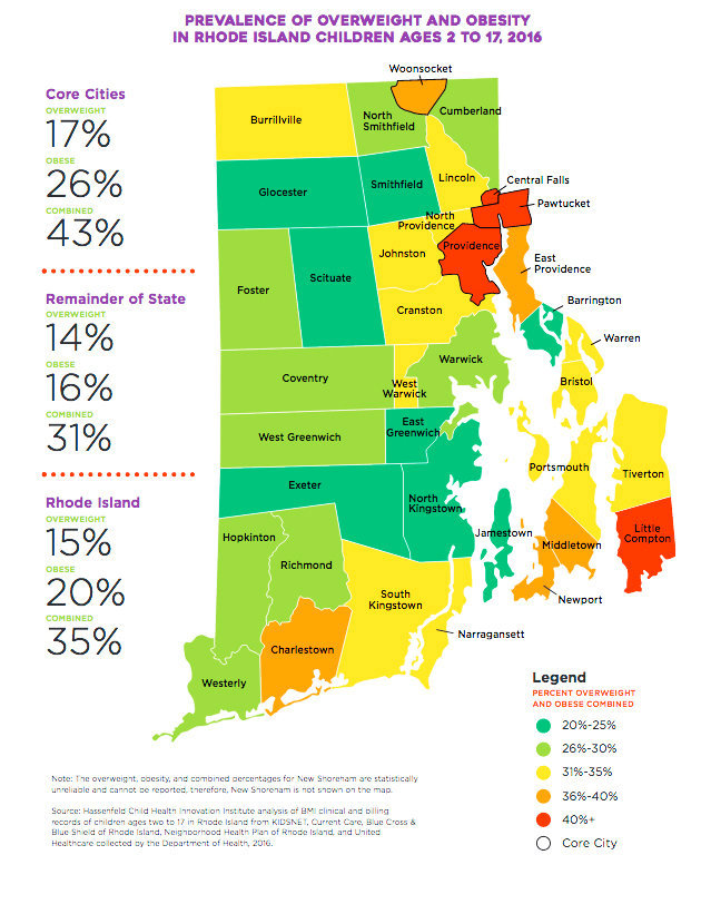 A map displaying the incidence of children who were obese or overweight, taken from a 2019 issue brief produced by Rhode Island KIDS COUNT.
